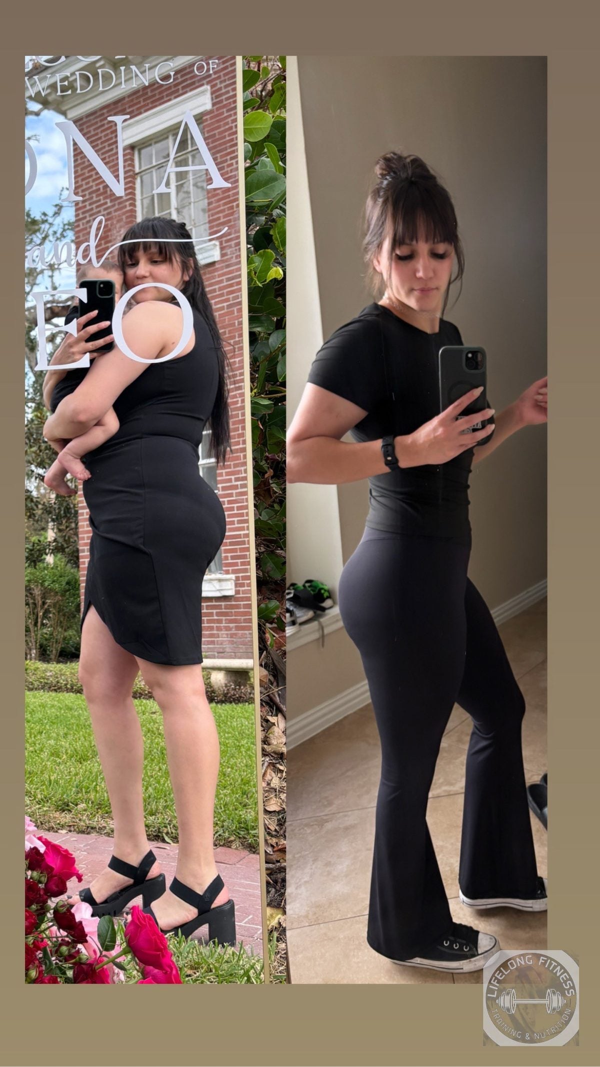 Client transformation from wedding photo to fit mirror selfie