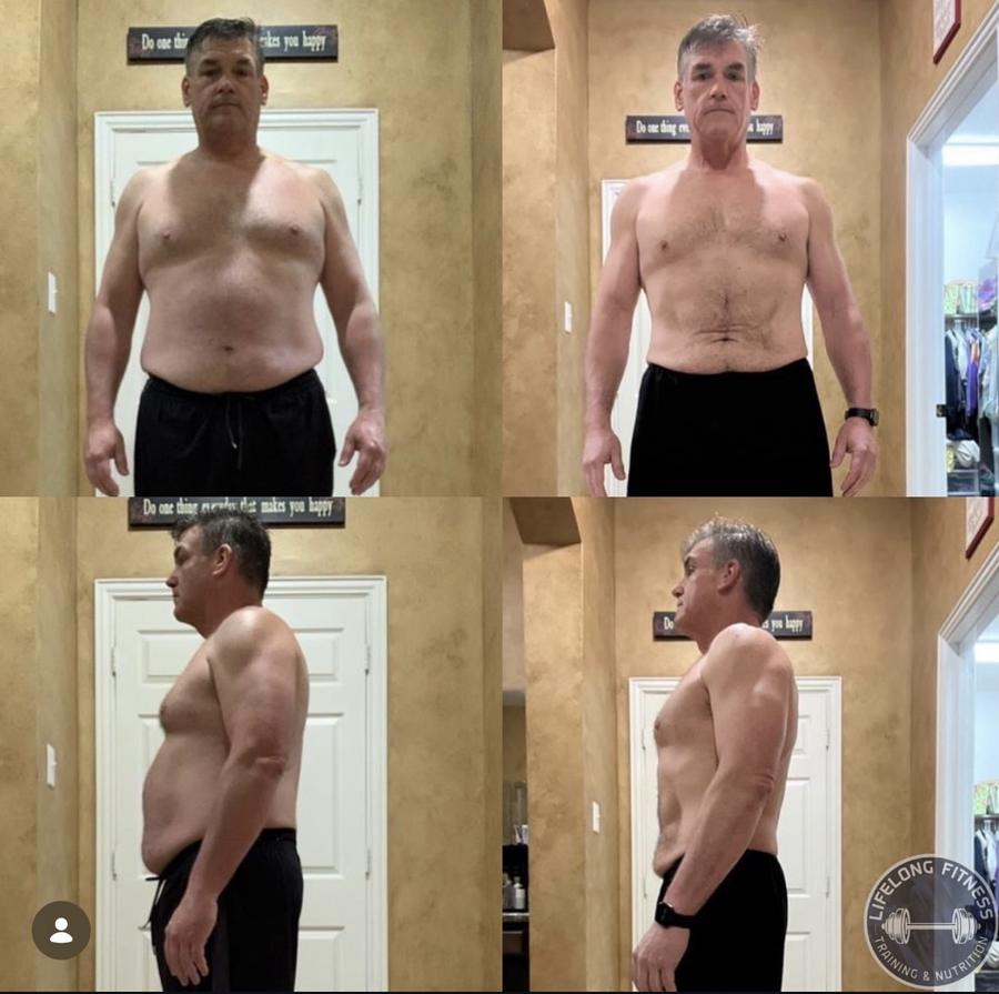 Client four-panel transformation front and side views