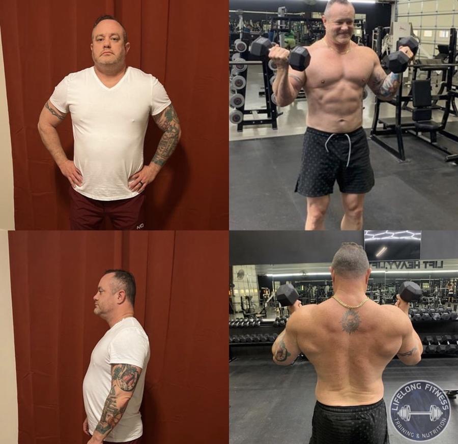 Client four-panel muscle-building transformation